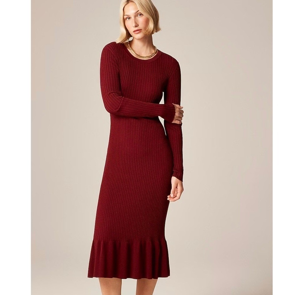 J.Crew Ribbed Knit Ruffle Sweater Midi Dress Burgundy Red Women's XXS NWT READ